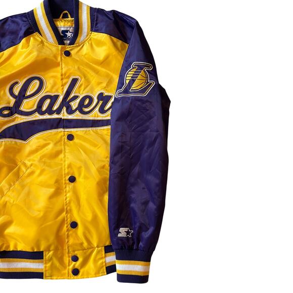 Starter LA Los Angeles Lakers Bomber Jacket Mens Size Small Yellow Satin Snap - Picture 4 of 14